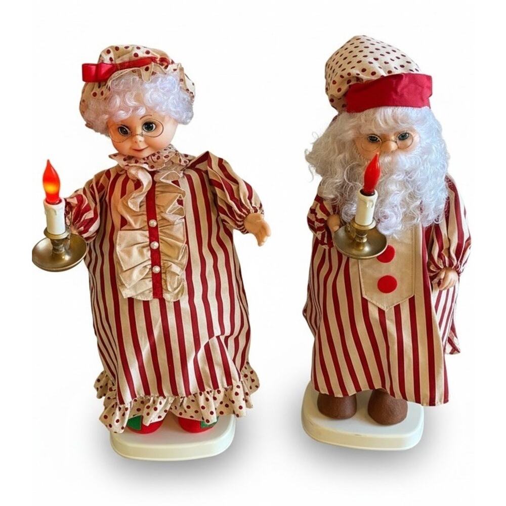 VTG Xmas Animated Santa & Mrs Claus Motion-ette Striped Pajamas Lighted Set 1992